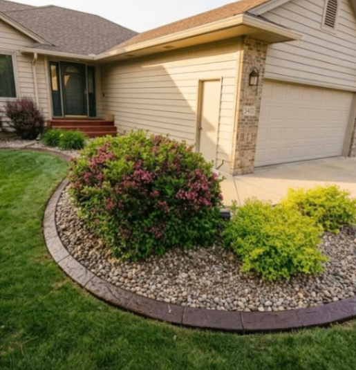 This home got an amazing upgrade when we removed their black plastic edging and replaced it with our concrete curbing. This is a light brown base with light gray antique and a dark brown antique. The texture is deep stone. concrete curbing project